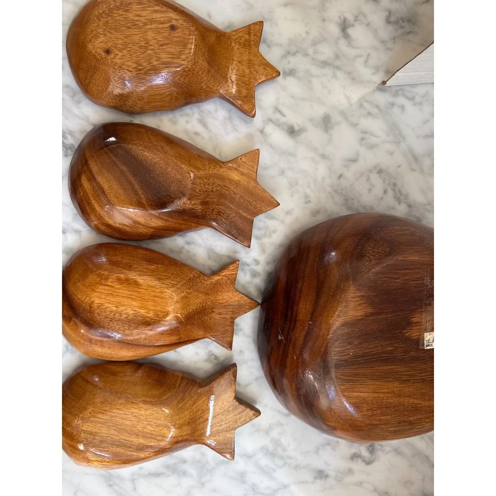 Vintage Pineapple Wood Salad Bowl Set 6pc Mid Century Tropical Tiki Philippines